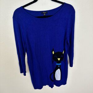 Cupio Womens XL Blue Sweater Cat Design 3/4 Sleeves Viscose & Acrylic Pullover